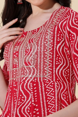 Red White Rayon Embroidered Bandhani Printed Kurta 6