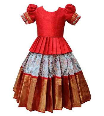 Red and Grey Dupion Silk Lehenga Choli for kids with Zari Work Embroidery 2