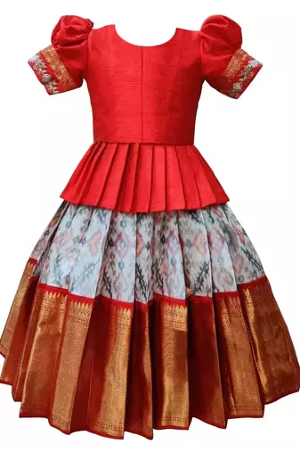 Red and Grey Dupion Silk Lehenga Choli for kids with Zari Work Embroidery