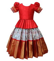 Red and Grey Dupion Silk Lehenga Choli for kids with Zari Work Embroidery