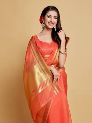Peach Plain Organza Saree With Blouse 1