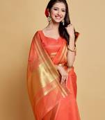Peach Plain Organza Saree With Blouse