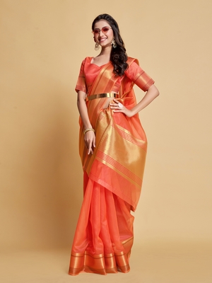 Peach Plain Organza Saree With Blouse 2