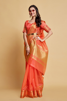 Peach Plain Organza Saree With Blouse