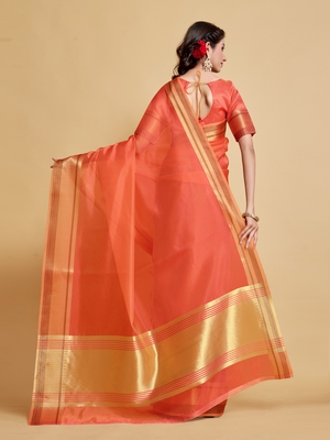 Peach Plain Organza Saree With Blouse 3