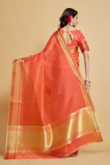 Peach Plain Organza Saree With Blouse