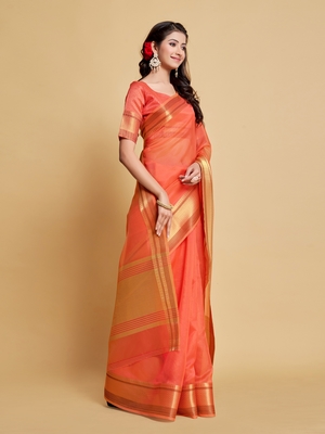 Peach Plain Organza Saree With Blouse 4
