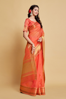 Peach Plain Organza Saree With Blouse