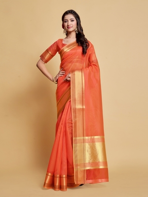 Peach Plain Organza Saree With Blouse 5