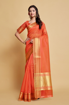 Peach Plain Organza Saree With Blouse