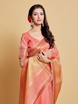 Pink Plain Organza Saree With Blouse 1