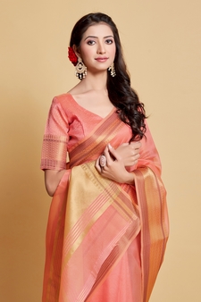 Pink Plain Organza Saree With Blouse