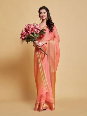 Pink Plain Organza Saree With Blouse 2