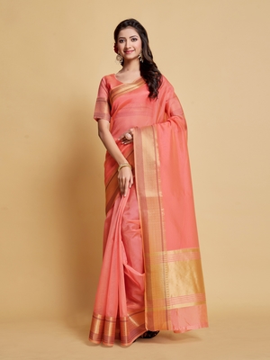 Pink Plain Organza Saree With Blouse 5