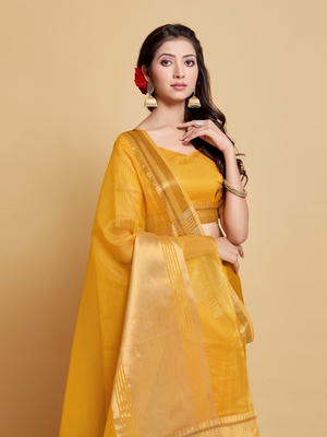 Yellow Plain Organza Saree With Blouse 1