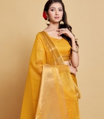 Yellow Plain Organza Saree With Blouse