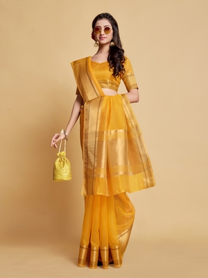 Yellow Plain Organza Saree With Blouse 2