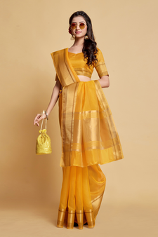 Yellow Plain Organza Saree With Blouse