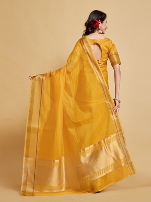 Yellow Plain Organza Saree With Blouse 3