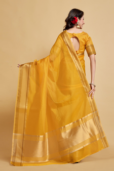 Yellow Plain Organza Saree With Blouse