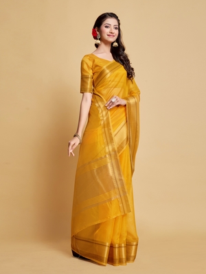Yellow Plain Organza Saree With Blouse 4