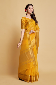 Yellow Plain Organza Saree With Blouse