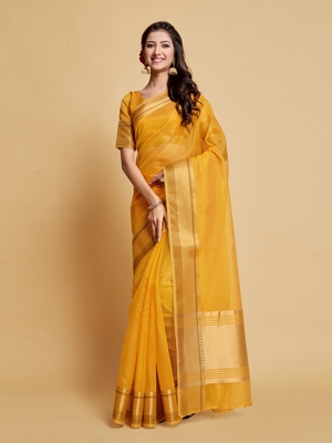 Yellow Plain Organza Saree With Blouse 5