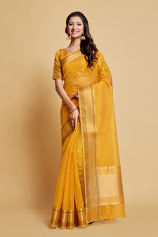 Yellow Plain Organza Saree With Blouse