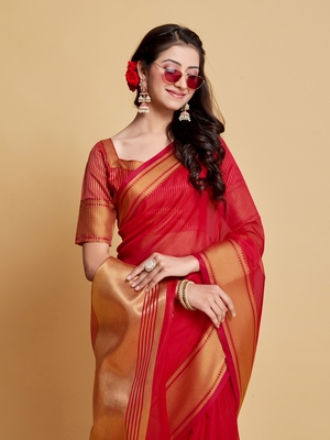 Rani Pink Plain Organza Saree With Blouse 1