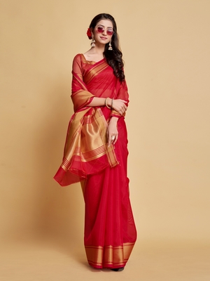 Rani Pink Plain Organza Saree With Blouse 2