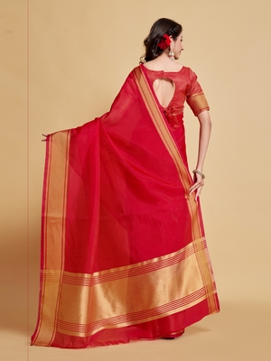 Rani Pink Plain Organza Saree With Blouse 3
