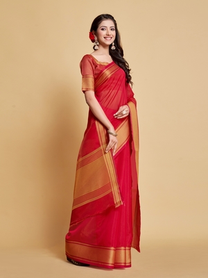 Rani Pink Plain Organza Saree With Blouse 4