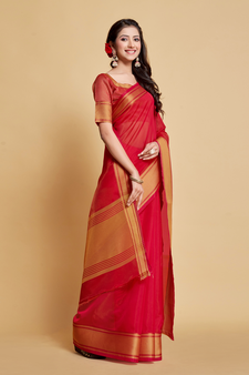 Rani Pink Plain Organza Saree With Blouse