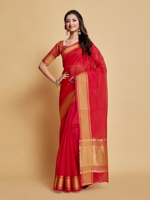 Rani Pink Plain Organza Saree With Blouse 5