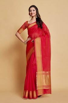 Rani Pink Plain Organza Saree With Blouse