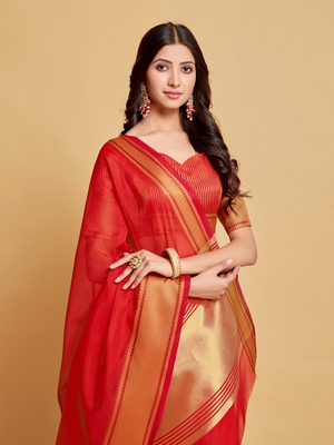 Red plain organza saree with blouse 1