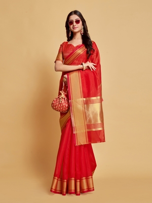 Red plain organza saree with blouse 2