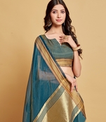 Teal plain organza saree with blouse