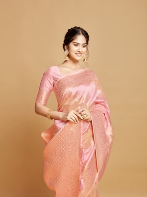 Pink Printed Linen Saree With Blouse 1