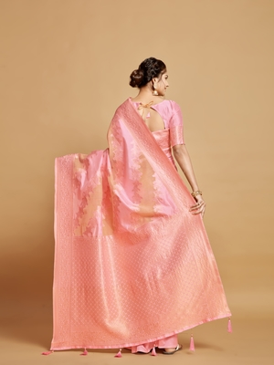 Pink Printed Linen Saree With Blouse 3