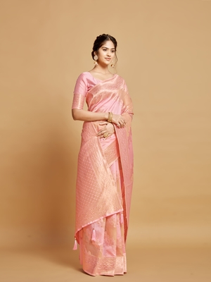 Pink Printed Linen Saree With Blouse 4