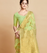Green Printed Linen Saree With Blouse