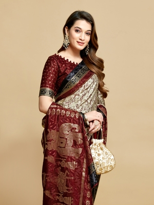 Maroon printed jacquard saree with blouse 1