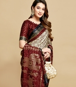 Maroon printed jacquard saree with blouse
