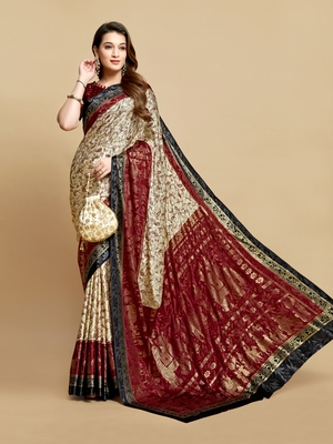 Maroon printed jacquard saree with blouse 2