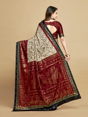 Maroon printed jacquard saree with blouse 3