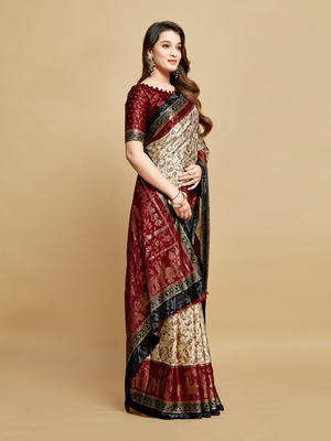 Maroon printed jacquard saree with blouse 4