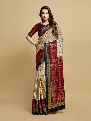 Maroon printed jacquard saree with blouse 5