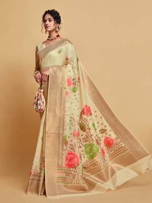 Chiku Printed Silk Blend Saree With Blouse 2