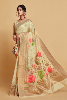 Chiku Printed Silk Blend Saree With Blouse